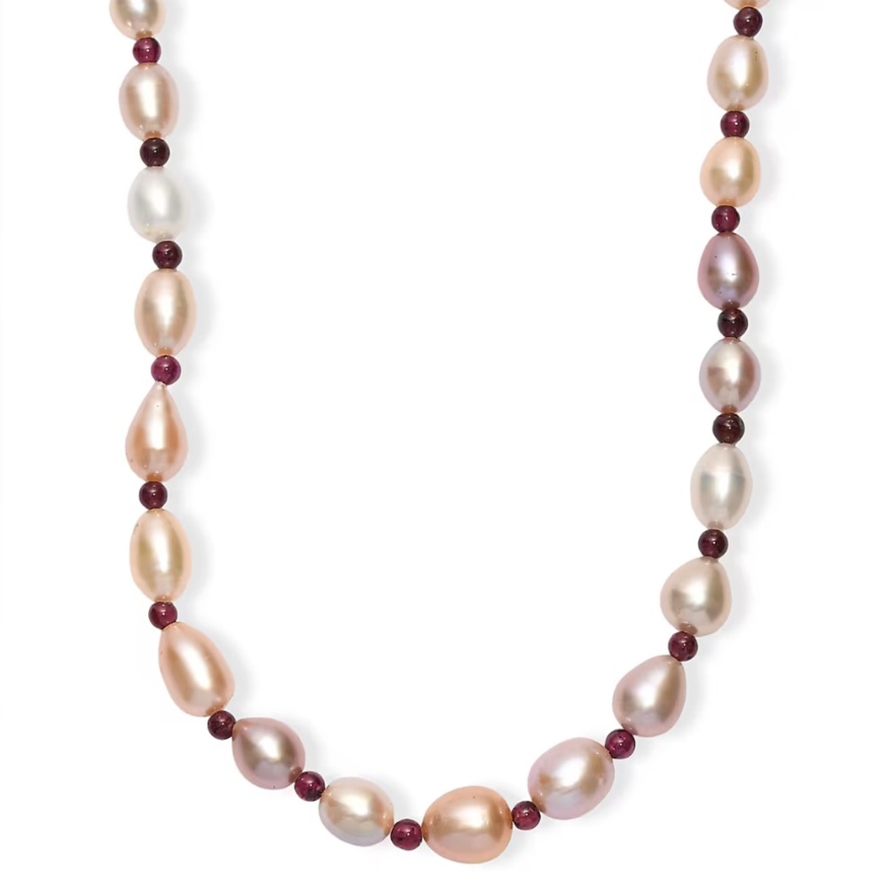 NWOT Freshwater Pearl & Mozambique Garnet Necklace in Rhodium over Sterling